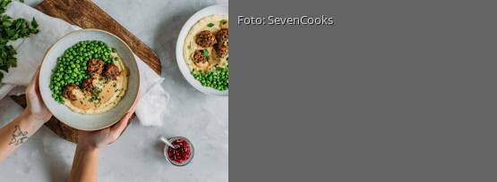 Rezeptbild für "Vegane Köttbullar mit Erbsen und Kartoffelpüree"