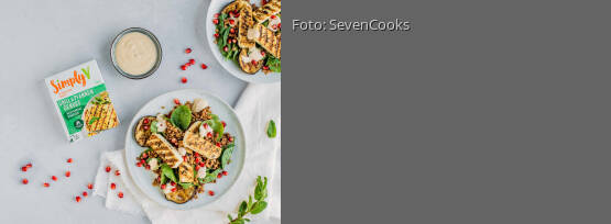 Rezeptbild für "Orientalischer Auberginen-Linsensalat mit veganem Grillkäse"
