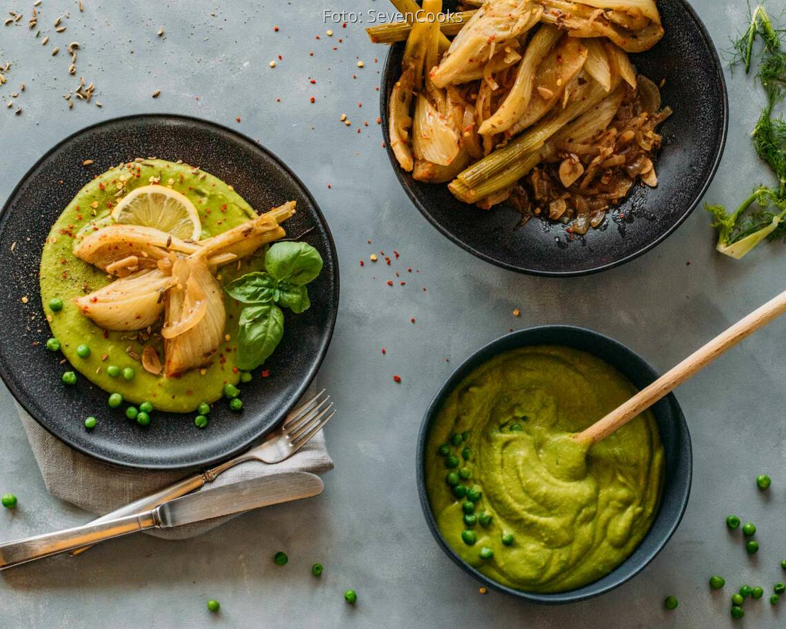 Veganes Rezept: Weißwein-Fenchel auf Erbsenpüree