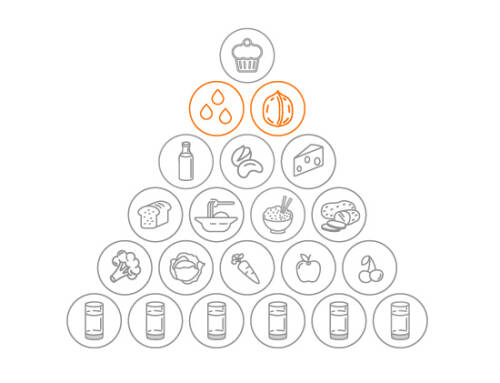 Der Anteil an fettreichen Lebensmitteln in der vegetarischen Ernährungspyramide von SevenCooks: 2 Portionen