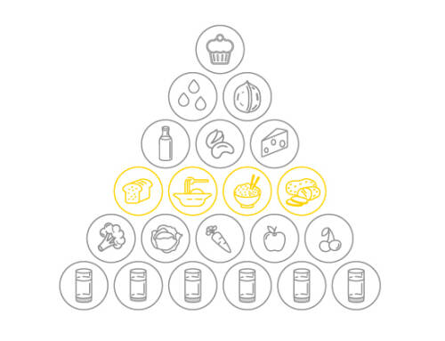 Der Anteil an kohlenhydratreichen Lebensmitteln in der Ernährungspyramide von SevenCooks - 4 Portionen