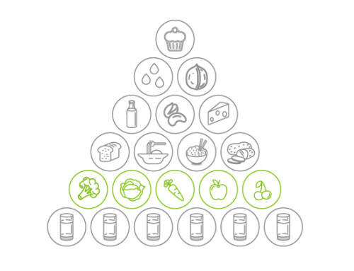 Der Obst- und Gemüseanteil in der vegetarischen Ernährungspyramide von SevenCooks: 5 Portionen