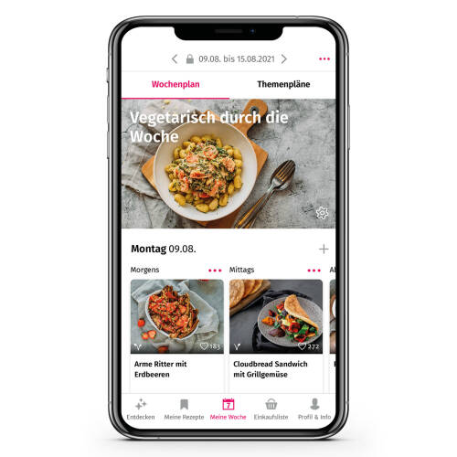 Vorschau auf den vegetarischen Wochenplan in der SevenCooks App.