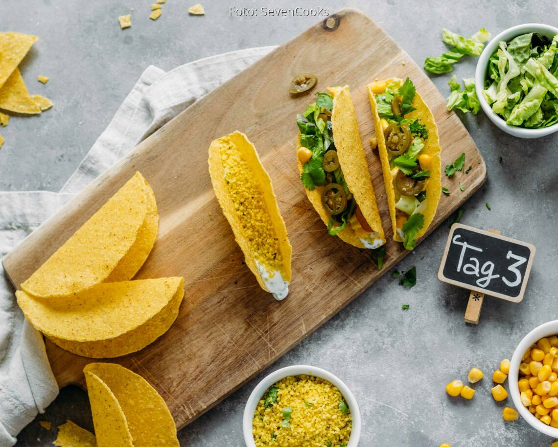Vegetarisches Rezept: Golden Meal-Prep 3: Couscous Tacos_1_Schild