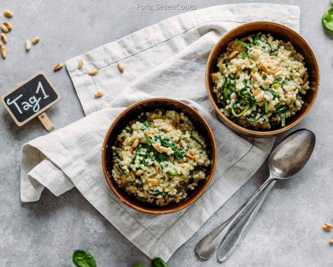 Vegetarisches Rezept: Italian Meal-Prep 1: Graupenrisotto mit Blattspinat_1_Schild