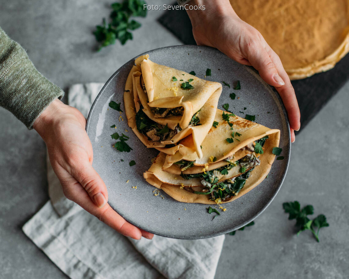 Vegetarisches Rezept: Meal-Prep: Pfannkuchen mit Spinat-Pilz-Füllung 2