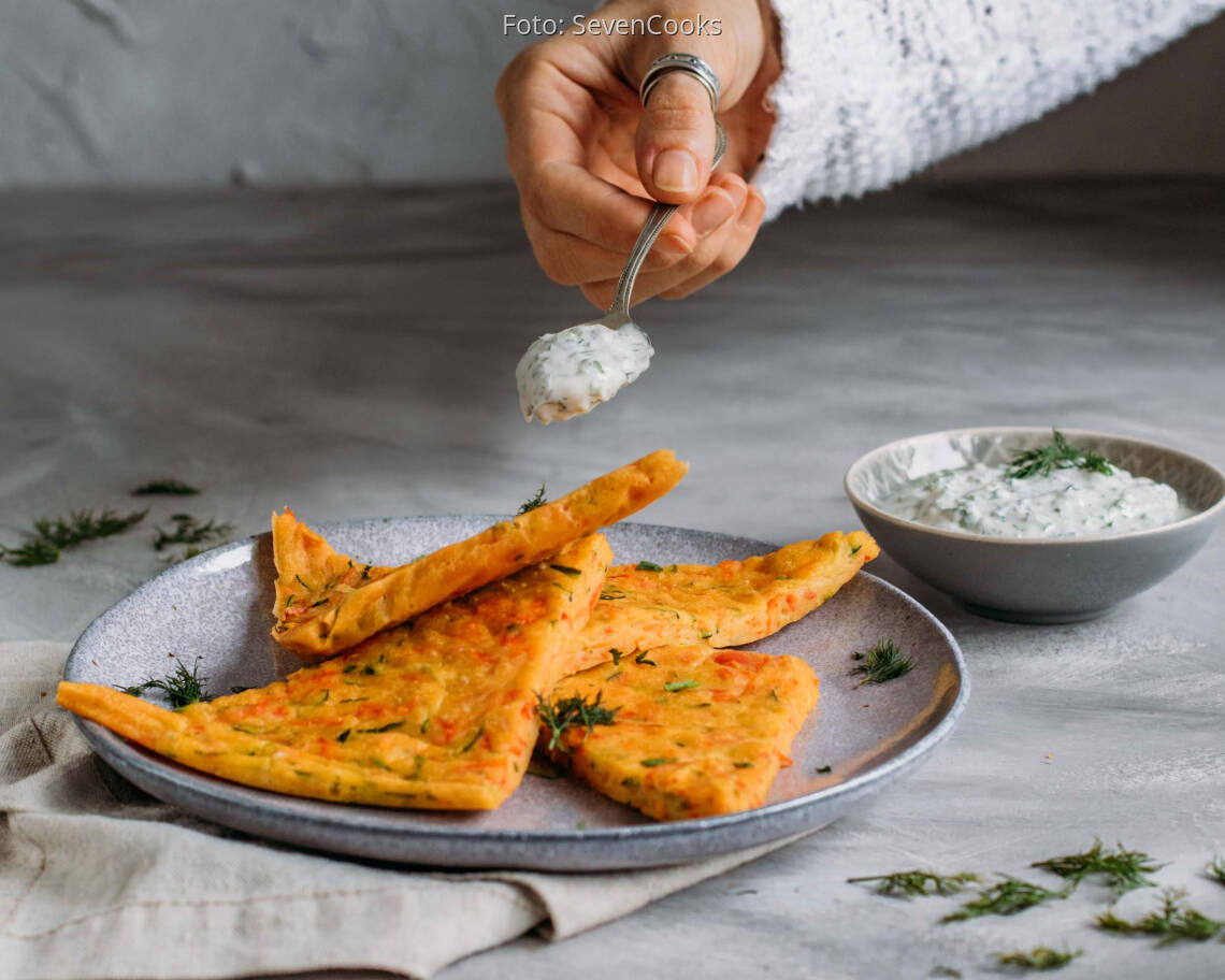 Vegetarisches Rezept: Meal-Prep: Gemüsepfannkuchen vom Blech mit Kräuterquark 2