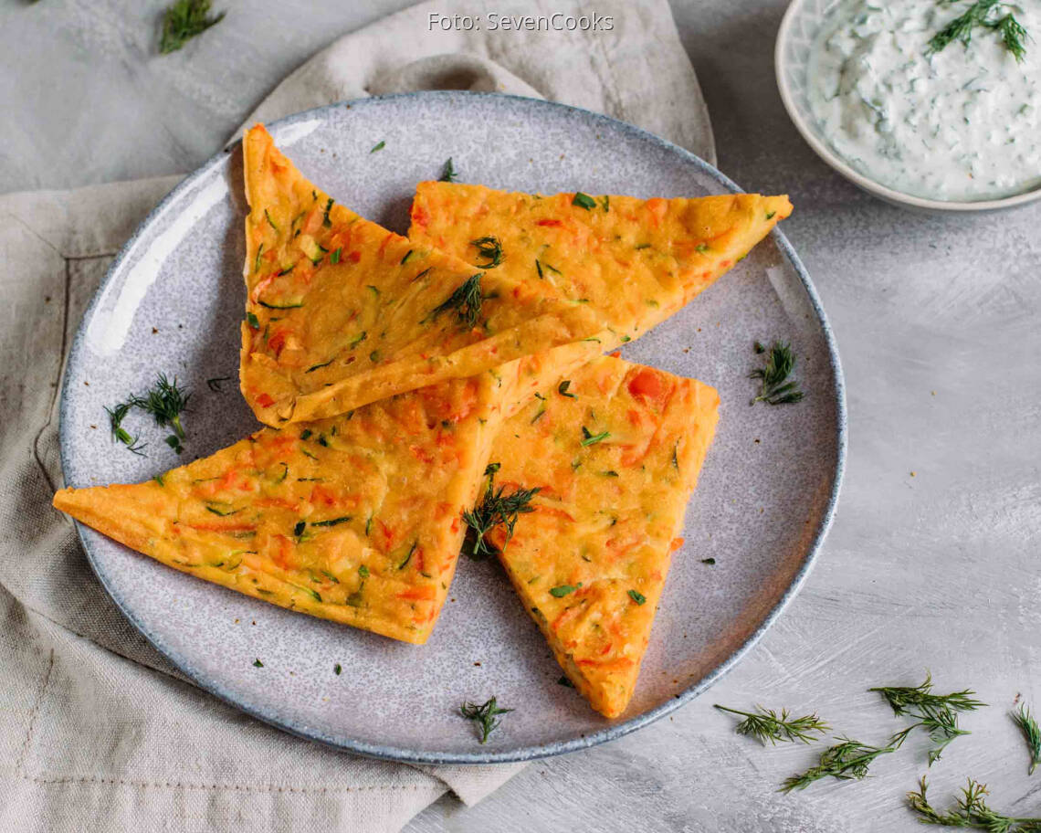 Vegetarisches Rezept: Meal-Prep: Gemüsepfannkuchen vom Blech mit Kräuterquark 3