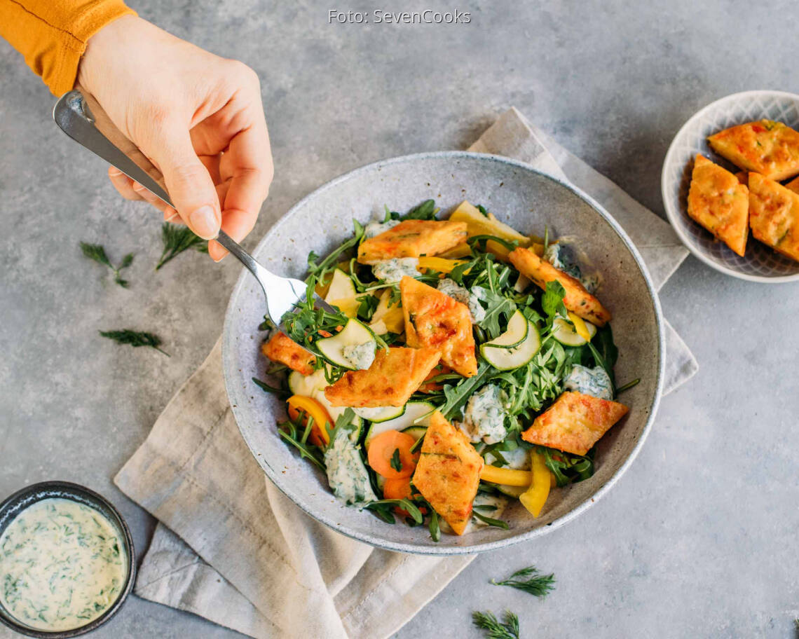 Vegetarisches Rezept: Meal-Prep: Pfannkuchenrauten auf Salat 2