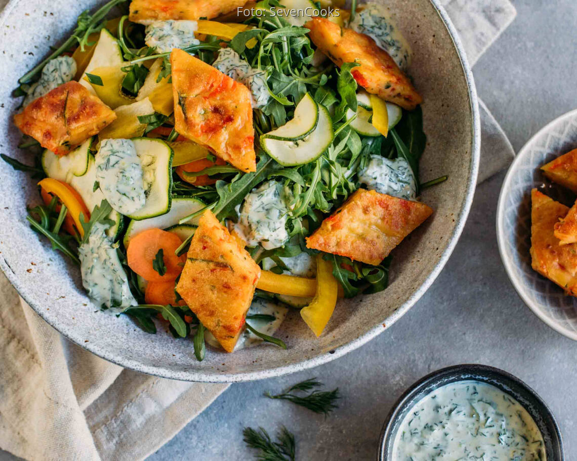 Vegetarisches Rezept: Meal-Prep: Pfannkuchenrauten auf Salat 3