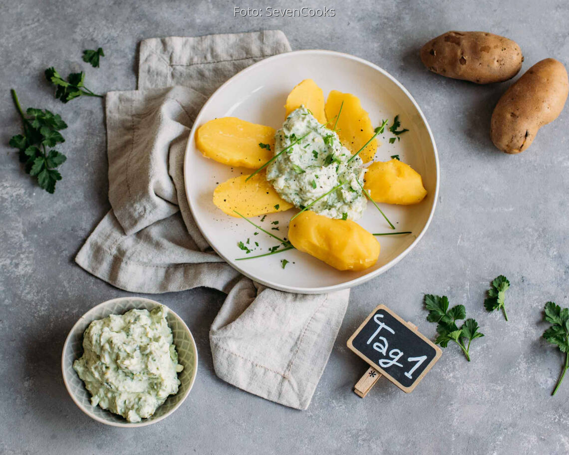 Vegetarisches Rezept: Modern Meal-Prep 1: Pellkartoffeln mit Avocado-Kräuter-Quark_1_Schild