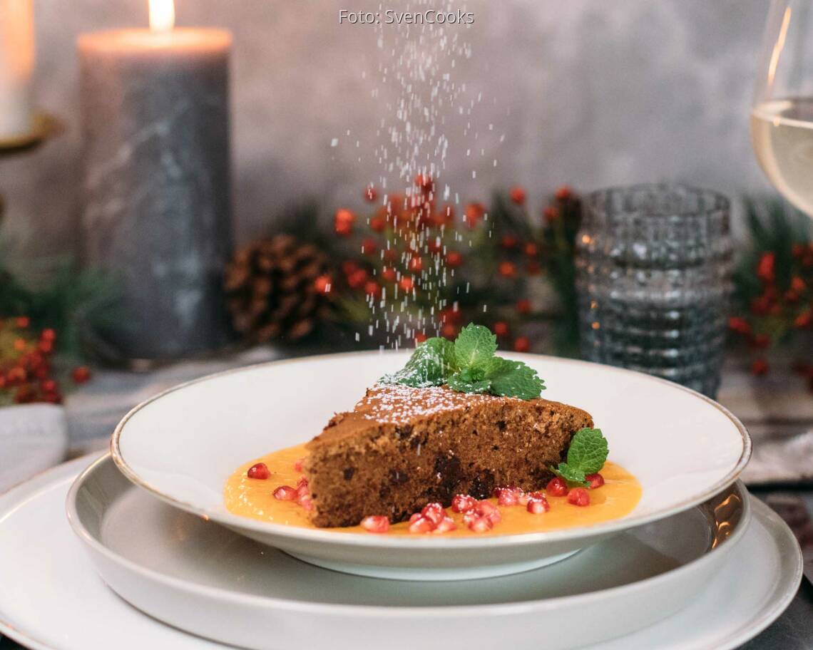 Vegetarisches Rezept: Rotweinkuchen mit Mangofruchtspiegel 1