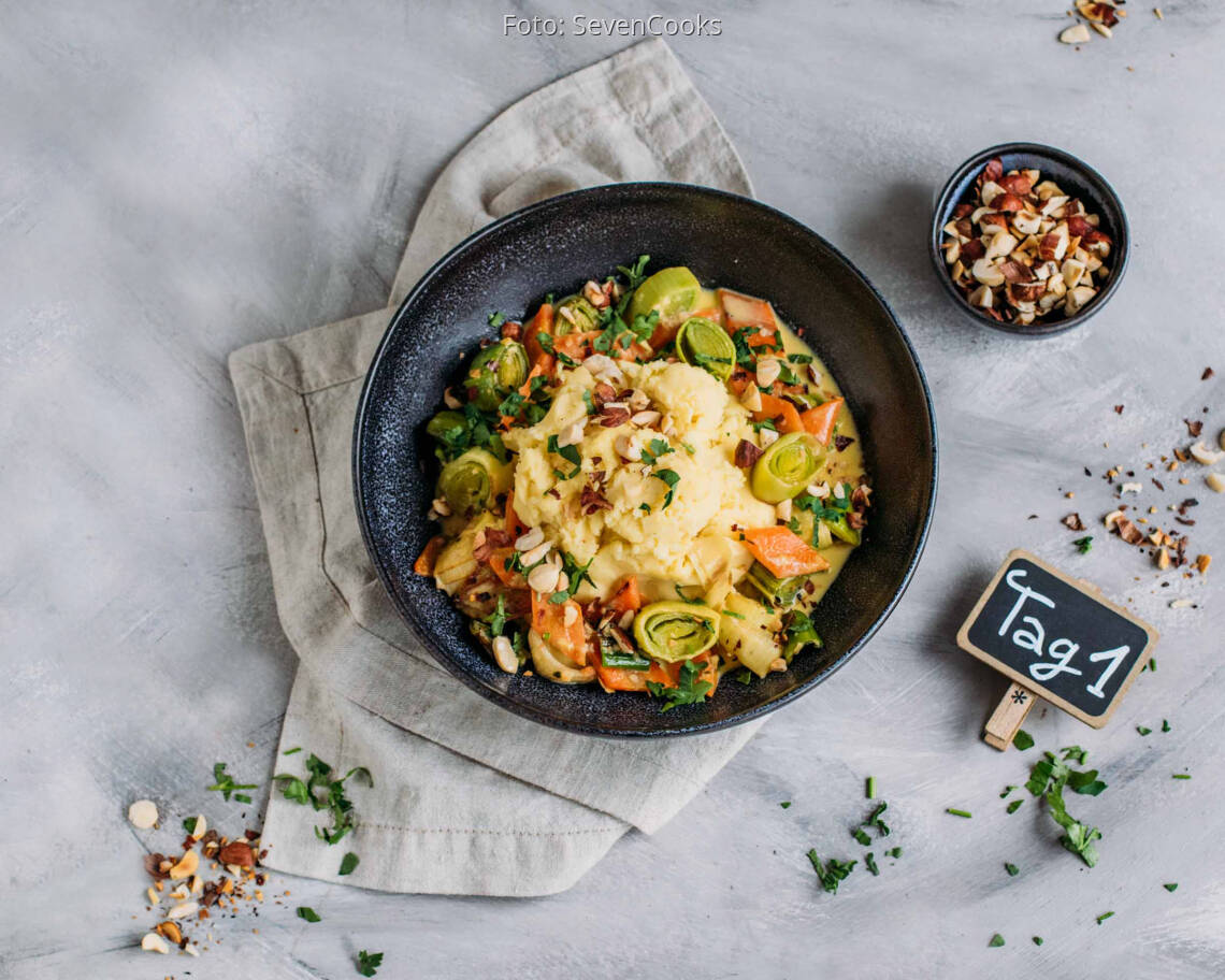 Vegetarisches Rezept: Soft Meal-Prep 1: Buntes Lauch-Karotten-Gemüse mit Kartoffelpüree_1_Schild