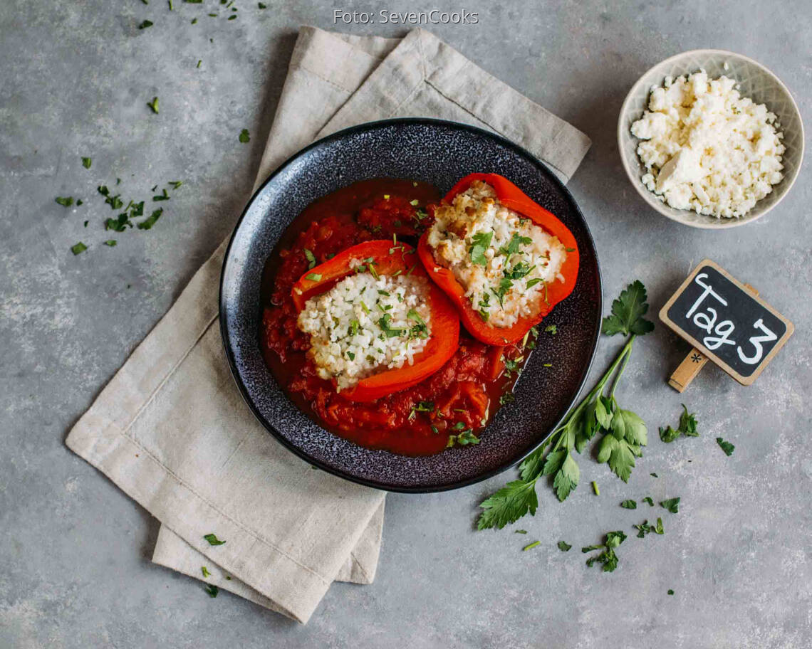 Vegetarisches Rezept: Vielfältiges Meal-Prep 3: Gefüllte Paprika_1_Schild