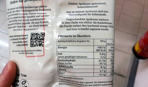 Nährwertangaben von getrockneten Aprikosen